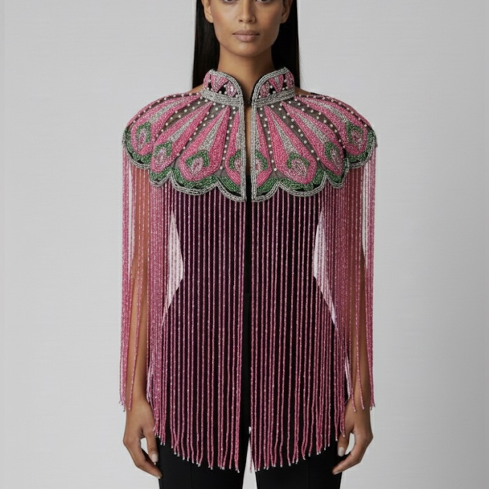 Pink Green and Pearls Hand beaded fringe Cape - Picture 7 of 7